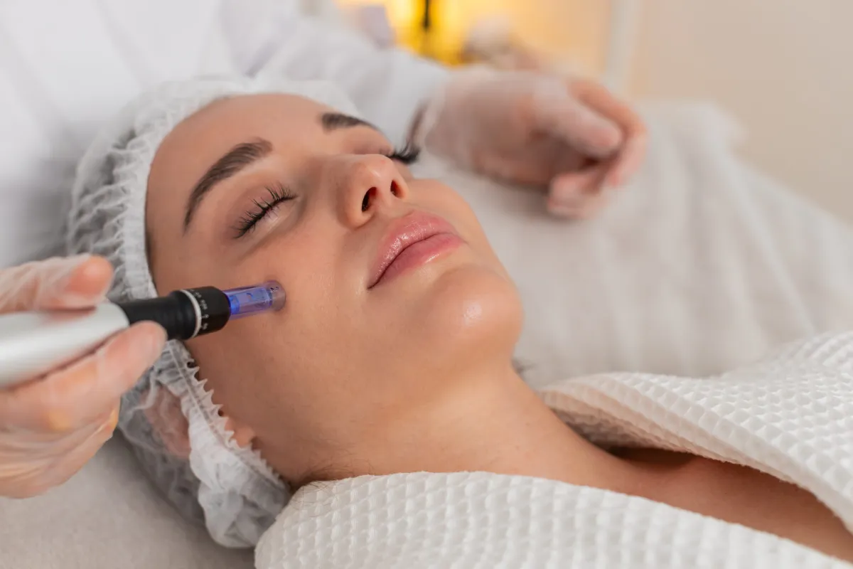 Close-up of a woman receiving an FDA-cleared SkinPen microneedling treatment for acne scars at Belle Piel Aesthetics